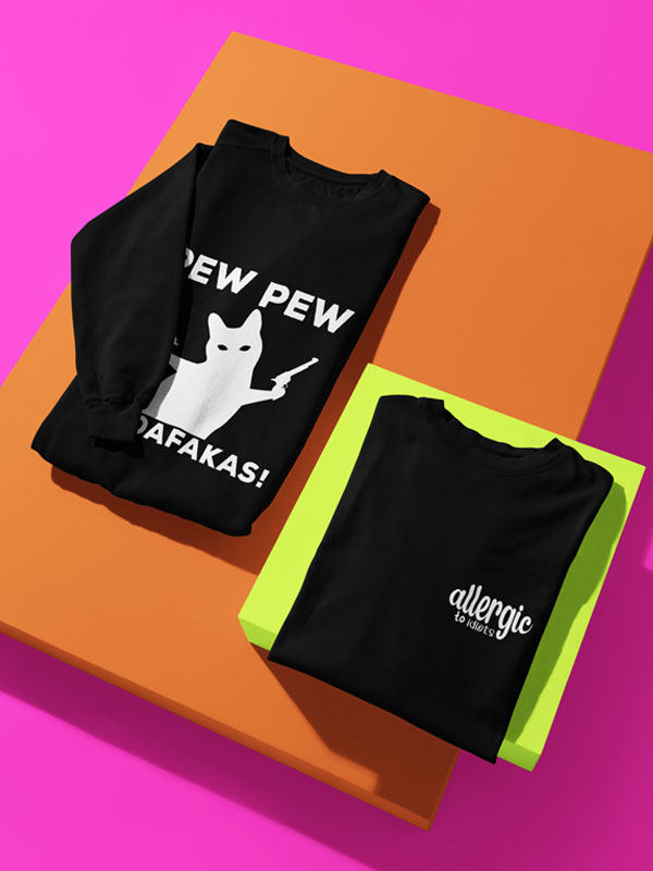 allergic to idiots sweater zwart en pew pew madafakas kat sweater zwart